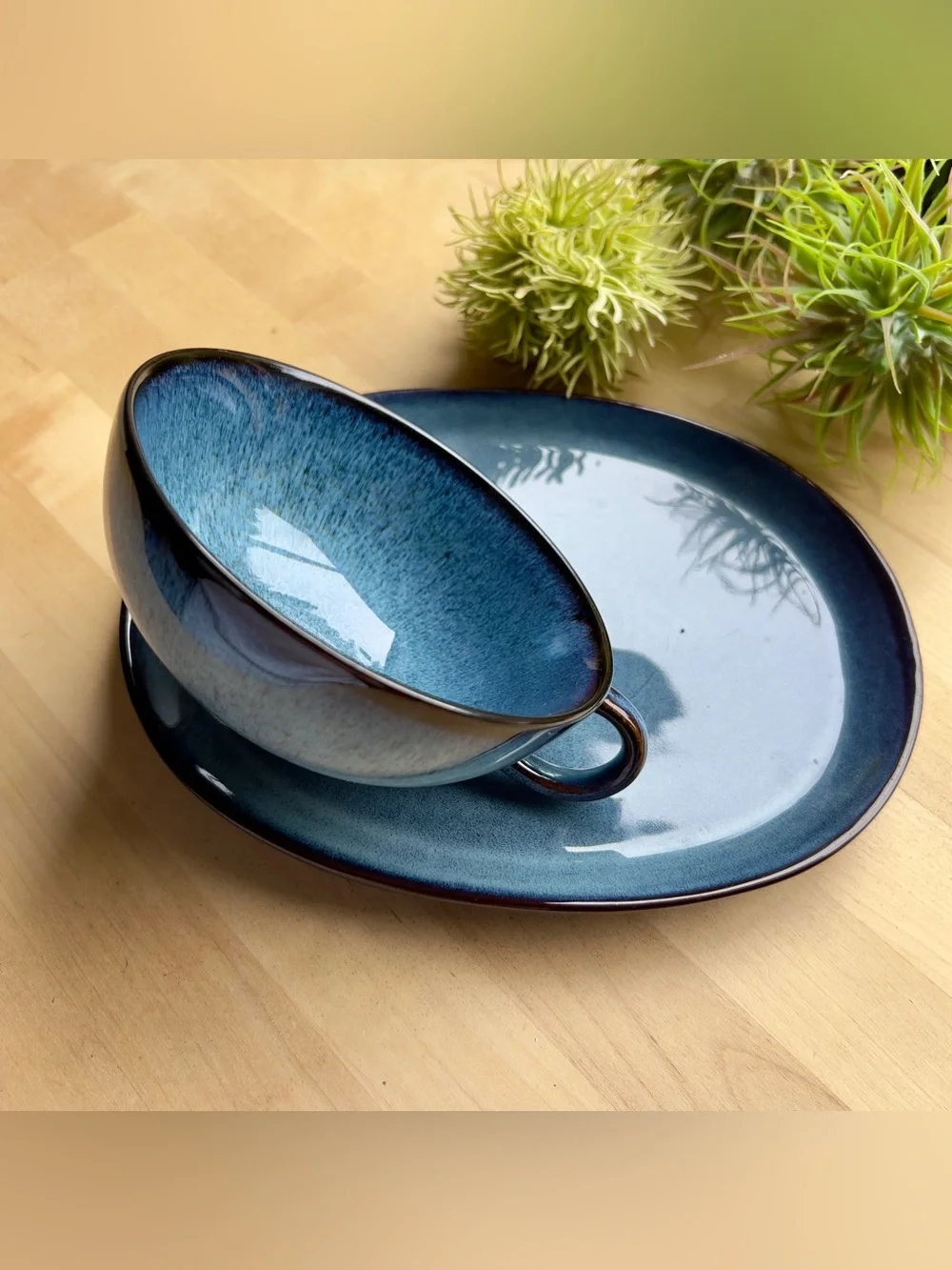 IKEA Gladilig Blue Black Trim Stoneware Glazed Finish BowlCup and Plate Tray Set